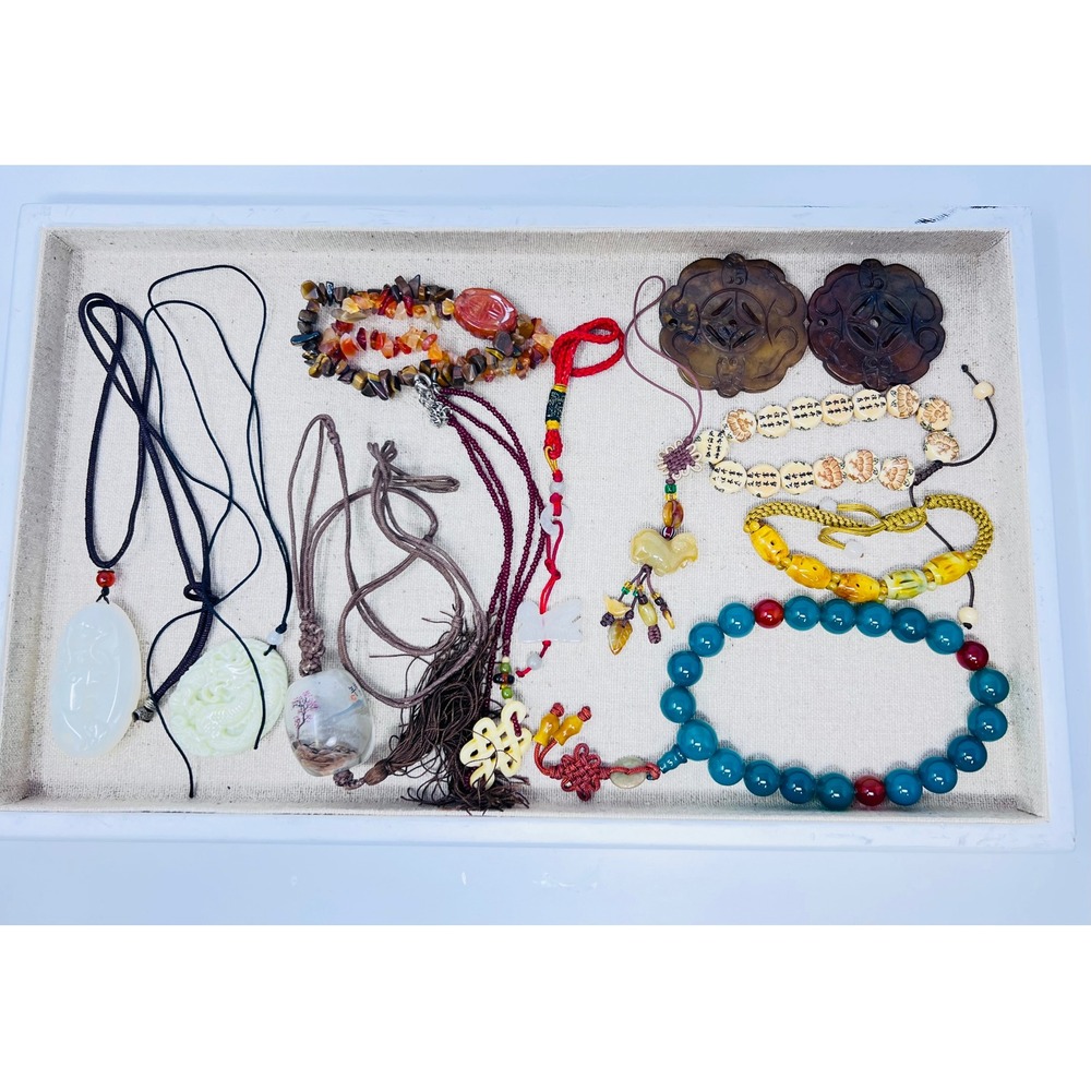 Vintage Asian Jewelry Carved Jade Style Pendants Bead Bracelets 12pc Set